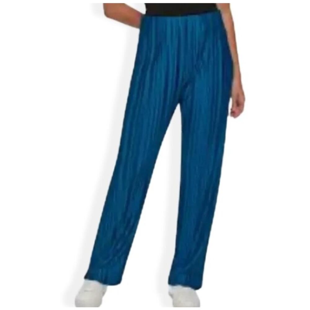 Calvin Klein Wide Leg Pants Pull On Pleated Texture Elastic Waistband Blue S NWT